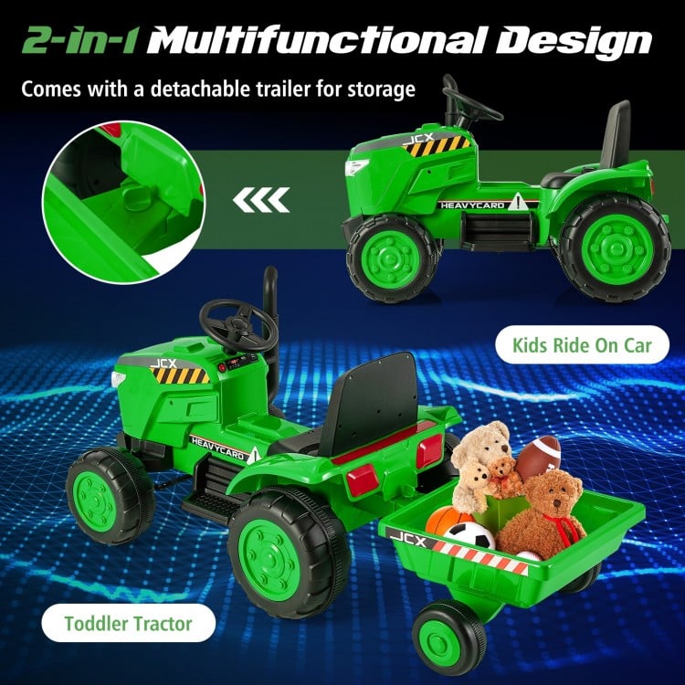 Kids ride-on tractor in green with detachable trailer, featuring 12V battery, remote control, and multifunctional.
