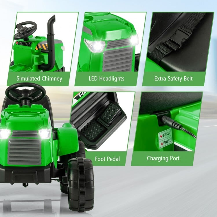 Close-up of the 12V Kids Ride On Tractor's LED headlights, foot pedal, and charging port for safe, fun play.
