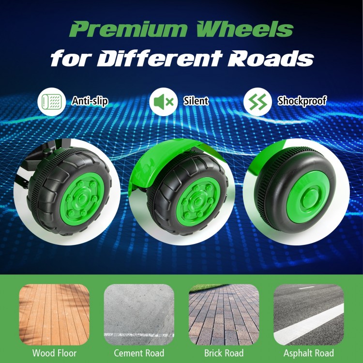 Premium wheels of the 12V Kids Ride On Tractor in green, designed for wood, cement, brick, and asphalt roads.