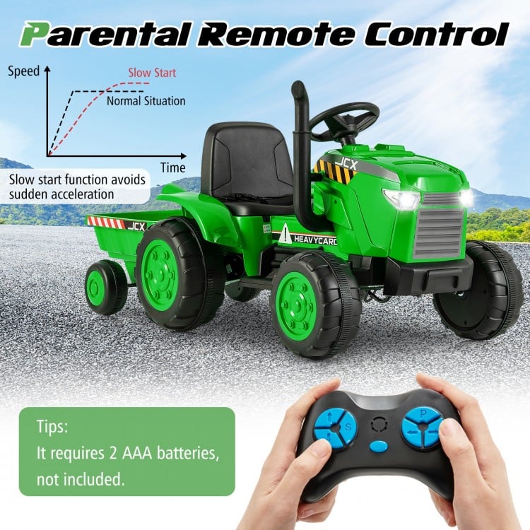 Green 12V kids ride-on tractor with trailer and parental remote control for safe, fun outdoor play.