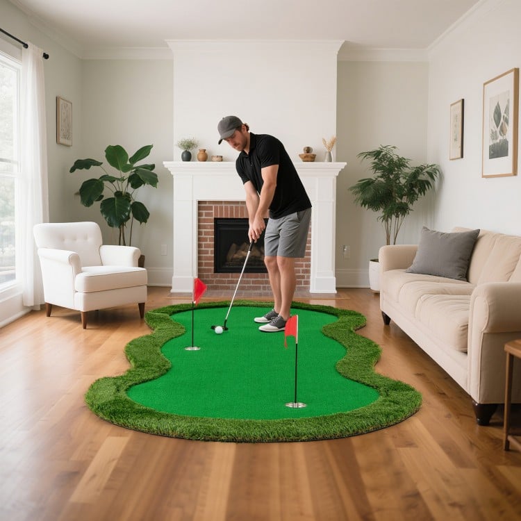 Golf practice putting green mat, 5 x 10 feet, with 3 holes and flags, perfect for indoor or outdoor use.