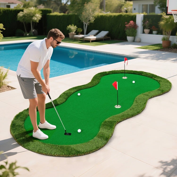 Golf practice putting green mat, 5 x 10 feet, with 3 holes and golf balls, perfect for backyard or home office use.