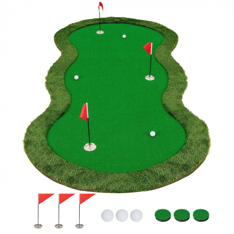 Golf practice putting green mat measuring 5 x 10 feet with 3 holes, flags, and golf balls for indoor or outdoor use.