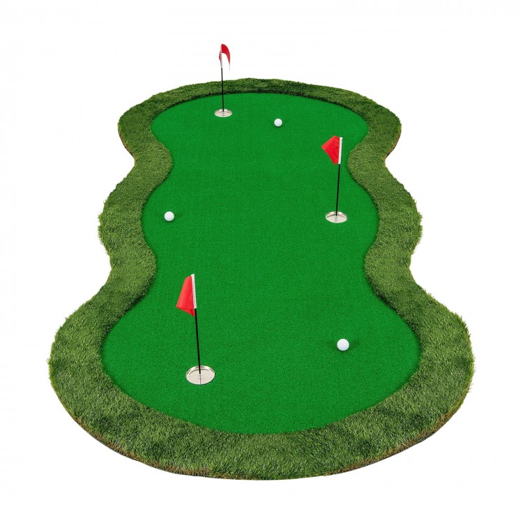 Top view of the 5 x 10 feet golf practice putting green mat with three holes and vibrant flags, ideal for home or.