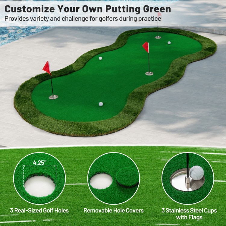 Golf practice putting green mat measuring 5 x 10 feet with 3 holes, flags, and realistic artificial turf for home or.