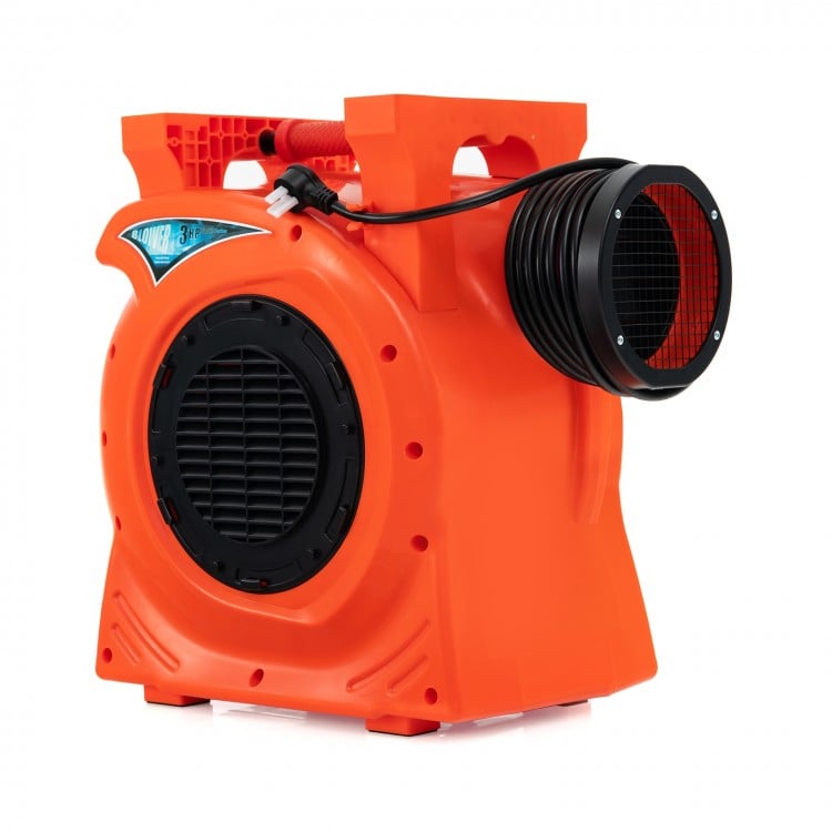 Commercial air blower in orange, featuring a powerful motor and portable design, ideal for giant inflatable bounce.