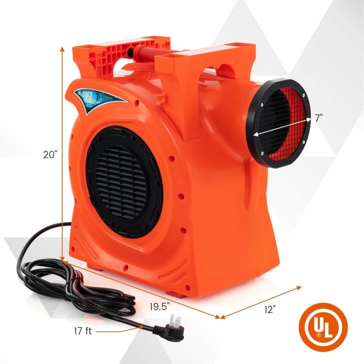 Commercial air blower for giant bounce houses, featuring a 2200W motor, portable design, and UL-listed safety features.