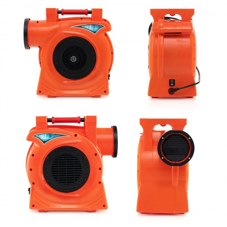 Commercial air blower in orange, featuring a powerful motor and portable design for inflating giant bounce houses.