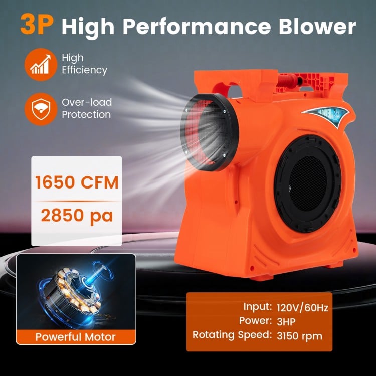 Commercial air blower with 2200W power, portable design, and high efficiency for inflating giant bounce houses.