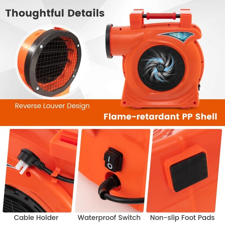Commercial air blower with flame-retardant PP shell, waterproof switch, and non-slip foot pads for outdoor bounce.