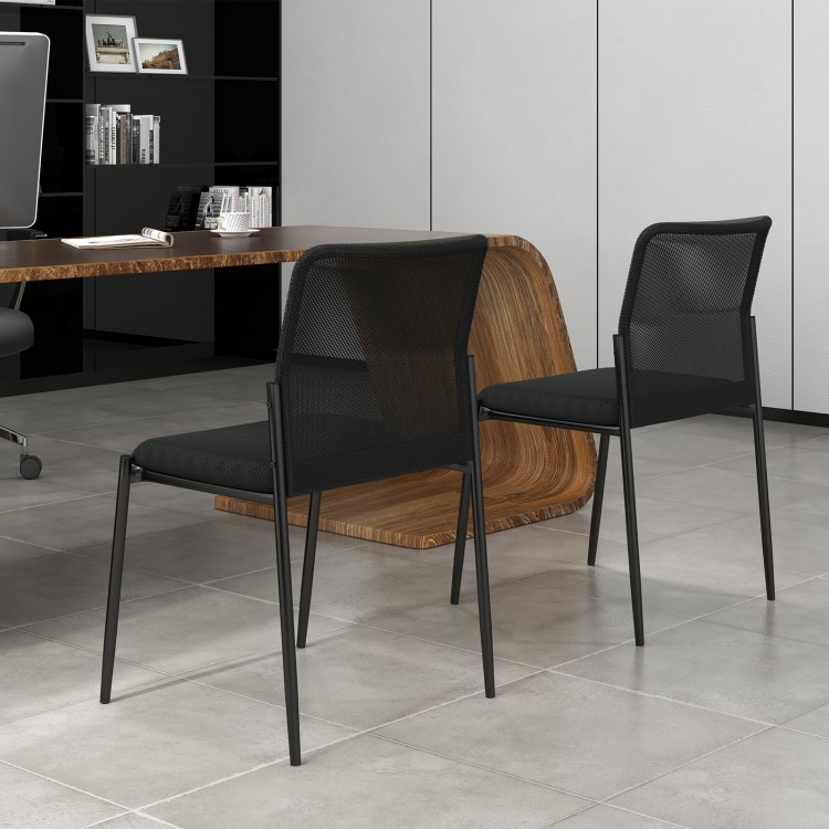 Set of 2 black waiting room chairs with ergonomic mesh backrest and padded seat, ideal for office or conference use.
