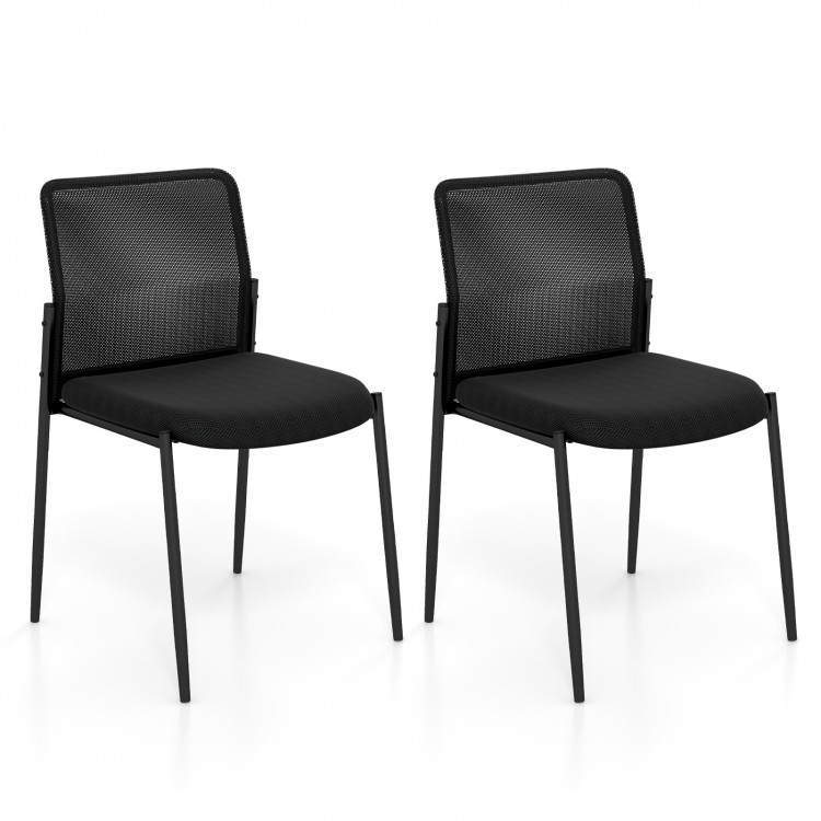 Set of 2 black waiting room chairs with ergonomic mesh backrest and padded seat, ideal for office and conference use.