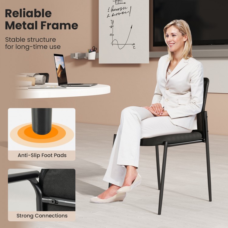 Black waiting room chair with ergonomic mesh backrest, padded seat, and anti-slip foot pads for office use.
