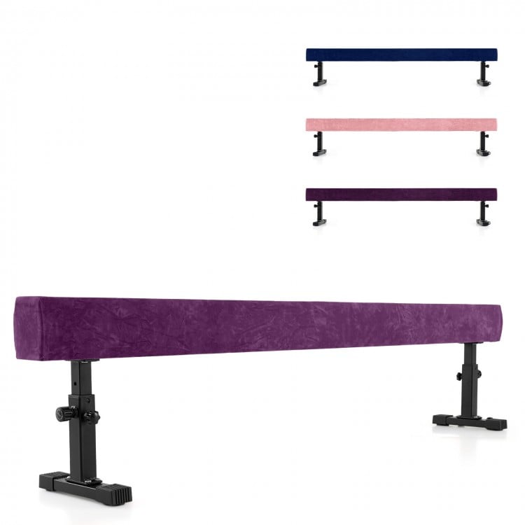 Adjustable 7.5 feet purple gymnastics beam with non-skid suede fabric, ideal for safe practice at various heights.