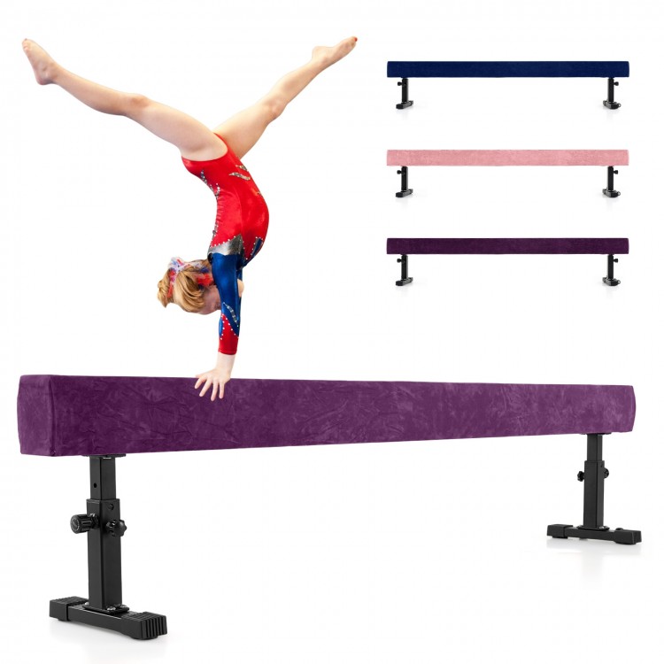 Purple 7.5 feet adjustable gymnastics beam with non-skid suede fabric, ideal for safe practice at various heights.