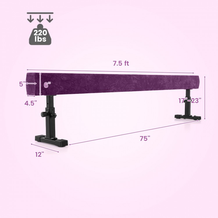 7.5 feet purple gymnastics beam with adjustable height, non-skid suede, and heavy-duty metal frame for safe practice.