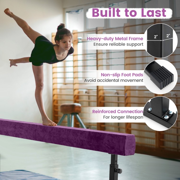 7.5 feet adjustable gymnastics beam in purple with heavy-duty metal frame and non-slip foot pads for safe practice.