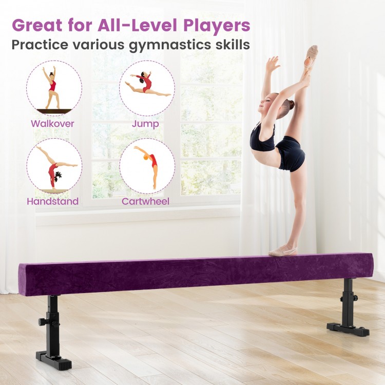 Adjustable 7.5 ft purple gymnastics beam with non-skid suede, ideal for practicing skills like handstands and jumps.