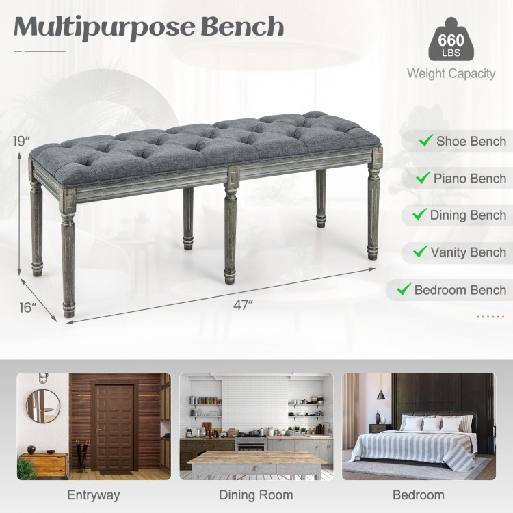 Upholstered gray French vintage entryway bench with button tufting, suitable for dining or bedroom use, 660 lbs.