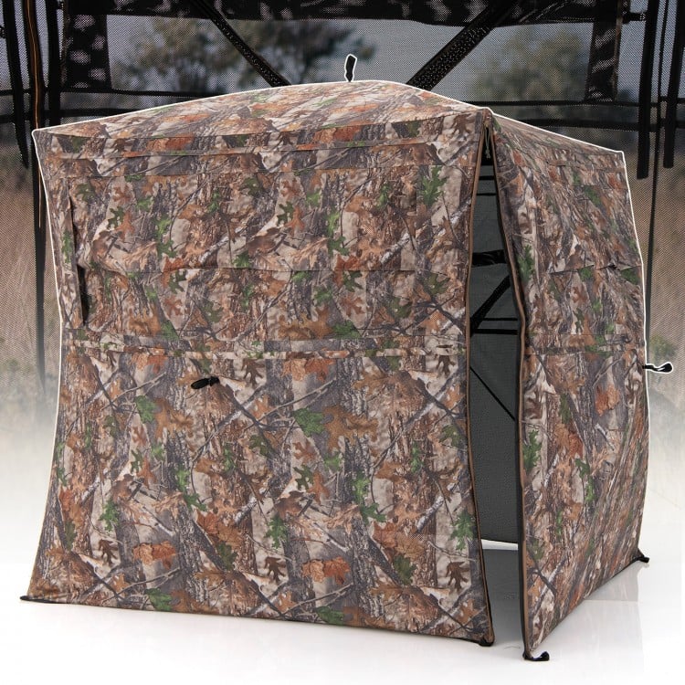 Hunting blind with camouflage pattern, featuring 360-degree visibility and spacious interior for 2-3 hunters, ideal for.