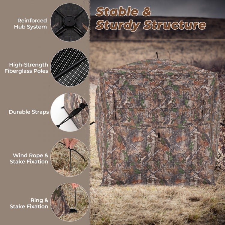 Hunting blind with camouflage pattern, featuring 360-degree visibility and large windows, ideal for 2-3 hunters.