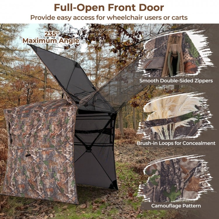 Hunting blind with full-open front door, camouflage pattern, and 360-degree visibility for 2-3 hunters in natural.