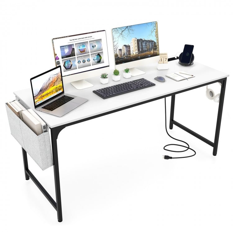 60-inch white computer desk with charging station, storage bag, and sturdy metal frame for versatile workspace use.