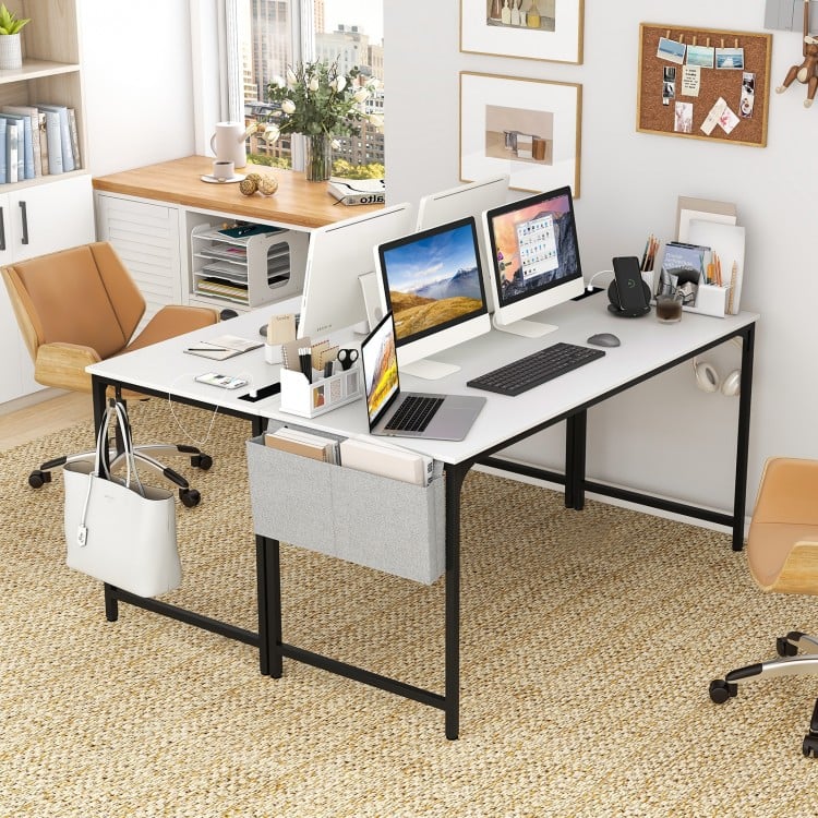 White 60-inch computer desk showcasing a spacious desktop and metal hook for convenient storage of headphones or bags.