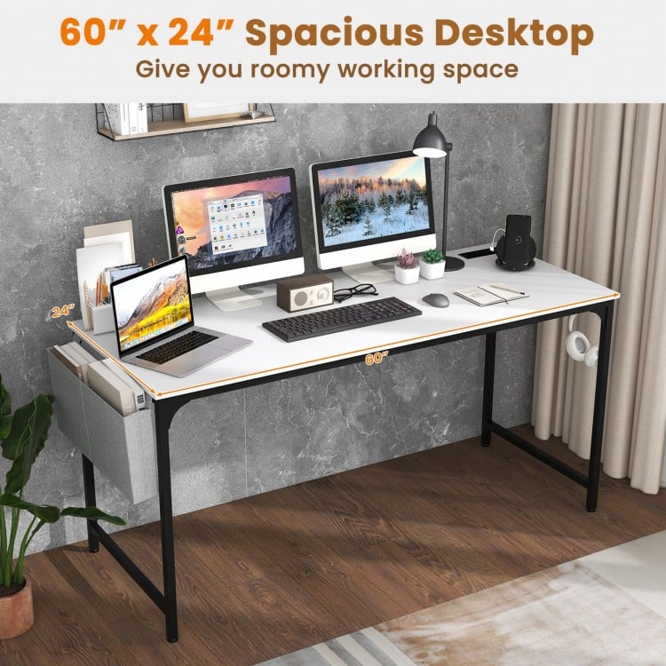 Spacious 60" white computer desk with built-in charging station and storage bag for organized workspace.