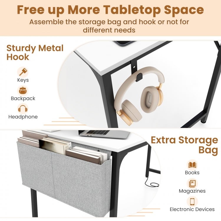 60-inch white computer desk featuring a sturdy metal hook and extra storage bag for books and electronic devices.