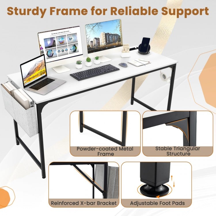 60-inch white computer desk with built-in charging station, sturdy metal frame, and adjustable foot pads for stability.
