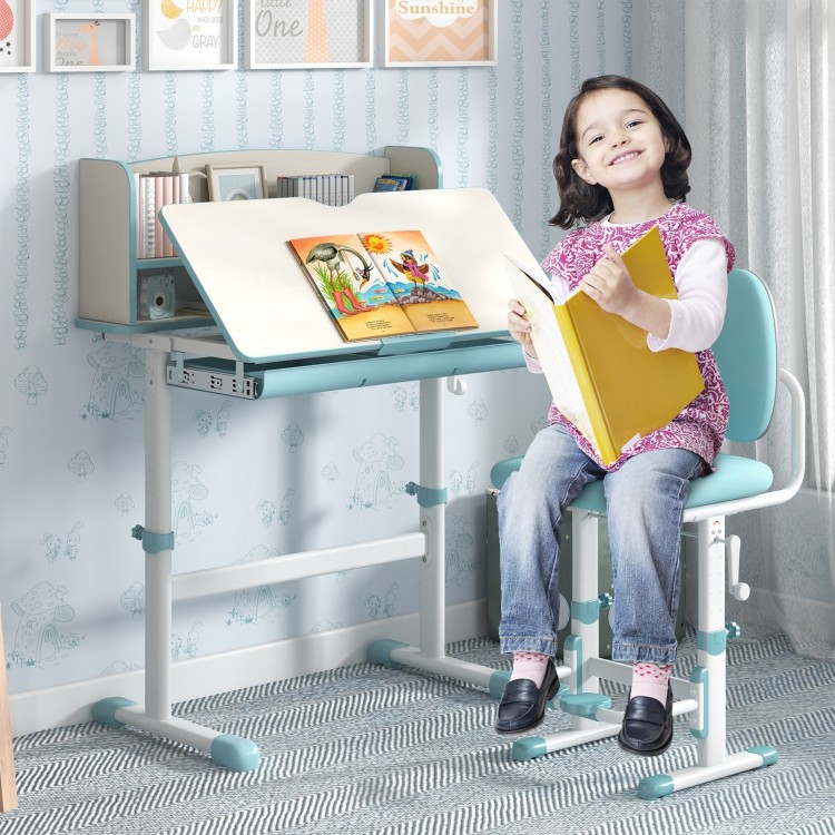 Height adjustable kids study desk in blue with tilt desktop, featuring a child sitting and reading a book.