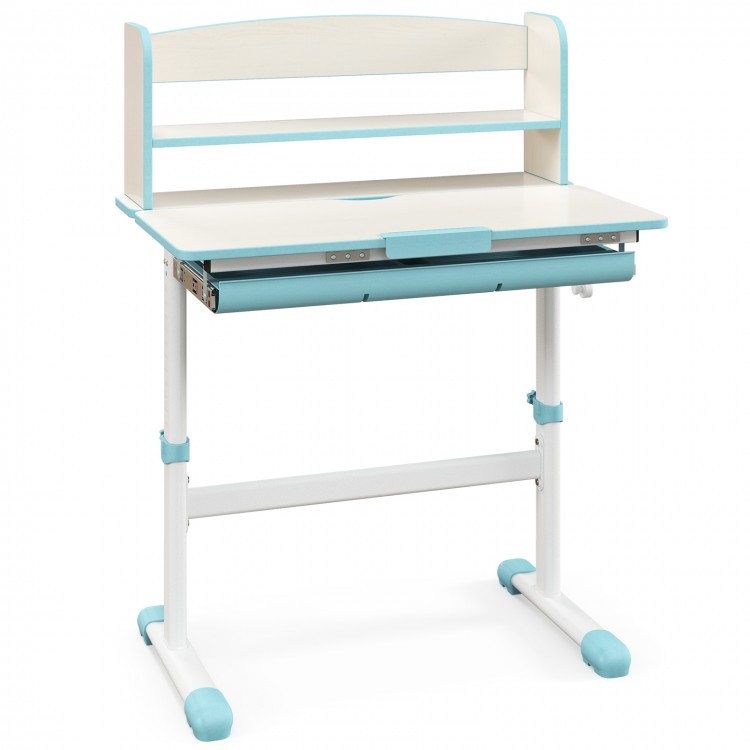 Height adjustable kids study desk in blue with tilt desktop, 2-tier shelf, and large drawer for organization.