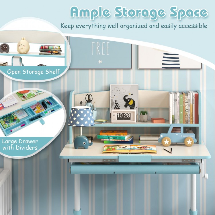 Height adjustable kids study desk in blue with open storage shelf and large drawer, perfect for organizing study.
