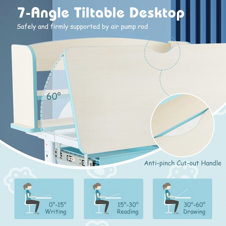 Height adjustable kids study desk with a 7-angle tiltable desktop in blue, designed for safety and convenience.