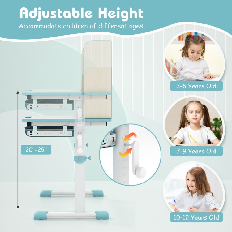Height adjustable kids study desk in blue with tilt desktop, featuring a large drawer and 2-tier open shelf for.