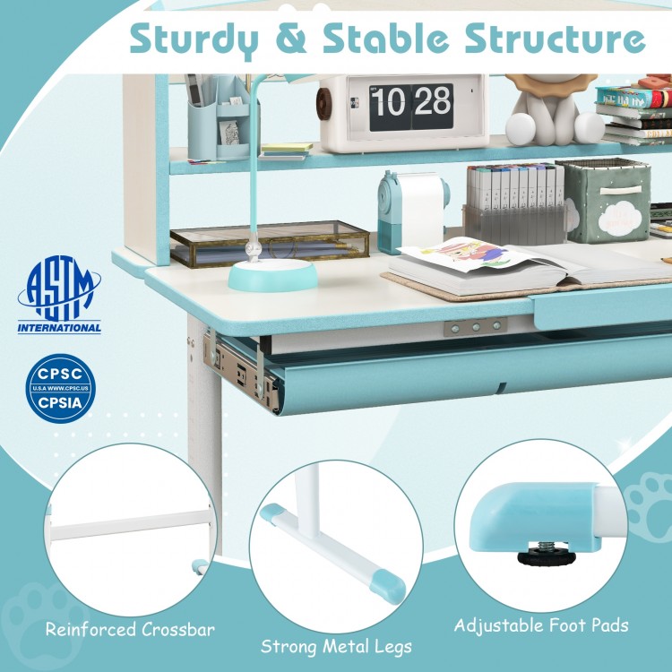 Height adjustable kids study desk in blue with a tilt desktop, featuring strong metal legs and adjustable foot pads for.