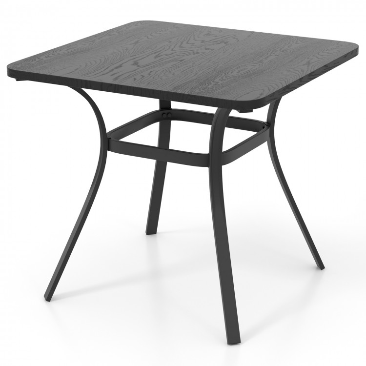 32-inch square patio dining table featuring a wood-like textured top and sturdy curved legs, ideal for outdoor.