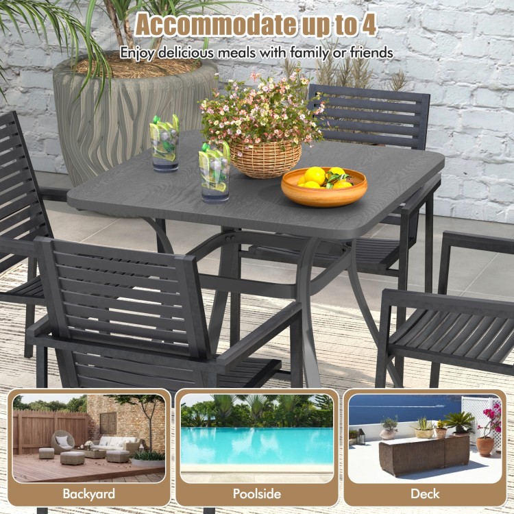 Gray 32-inch metal patio dining table with curved legs, seating up to 4, perfect for backyard or poolside dining.