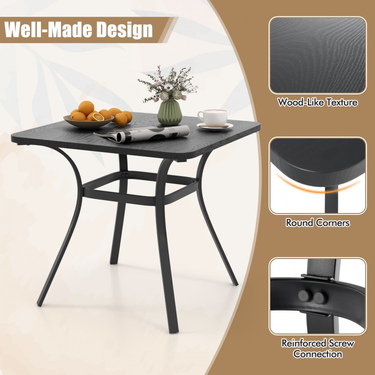 32-inch gray patio dining table with wood-like texture, curved legs, and rounded corners for outdoor dining.