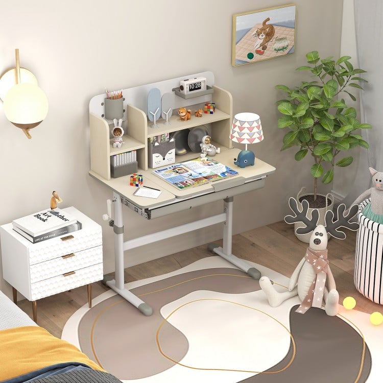 Height adjustable kids study desk in gray with hutch, drawer, and tilt desktop for ages 3-12 in a stylish room setting.