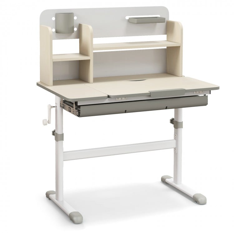 Height adjustable kids study desk in gray with tilt desktop, hutch, and large drawer for organized study space.