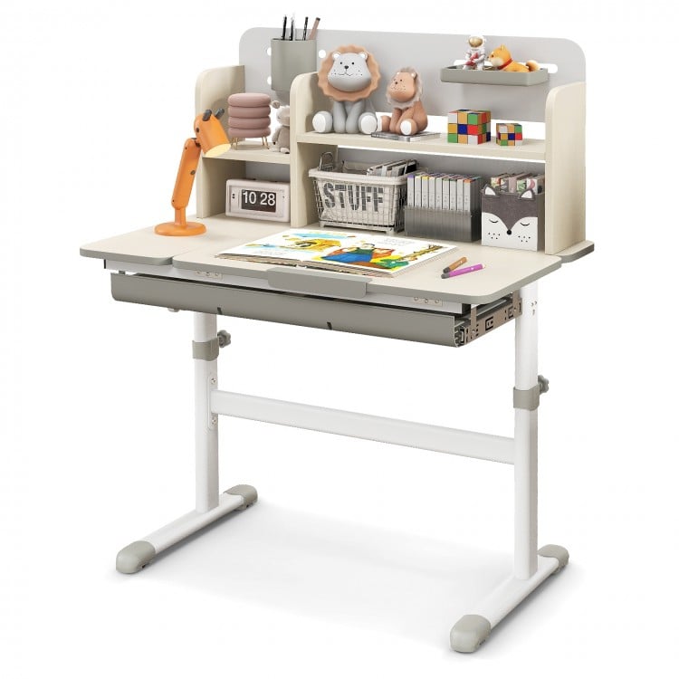 Height adjustable kids study desk in gray with tilt desktop, hutch, and large drawer for art supplies and organization.
