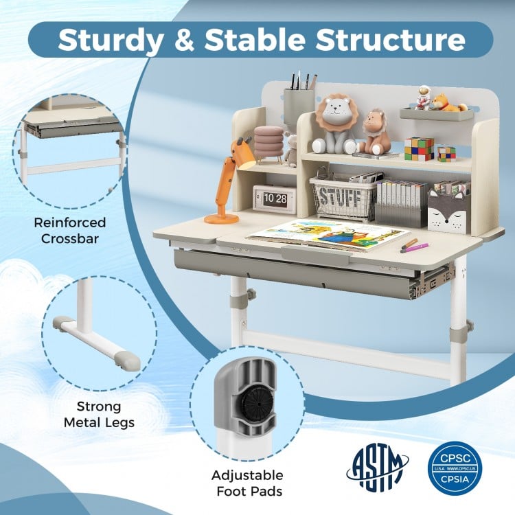 Height adjustable kids study desk in gray with a tilt desktop, sturdy metal legs, and hutch for organized storage.