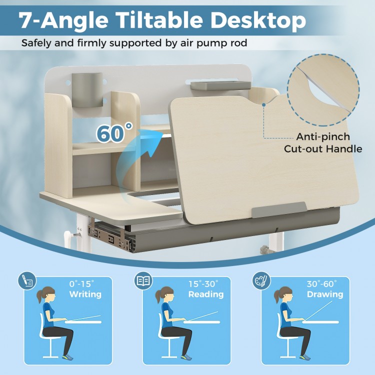 Height adjustable kids study desk with tilt desktop, gray, featuring 7-angle adjustment for versatile use and safety.