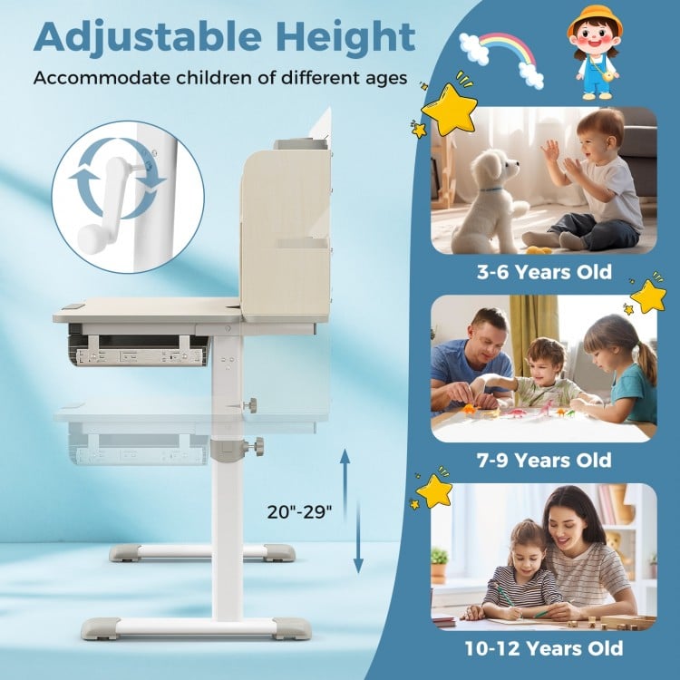 Height adjustable kids study desk in gray with tilt desktop, designed for ages 3-12, featuring a large drawer and pen.
