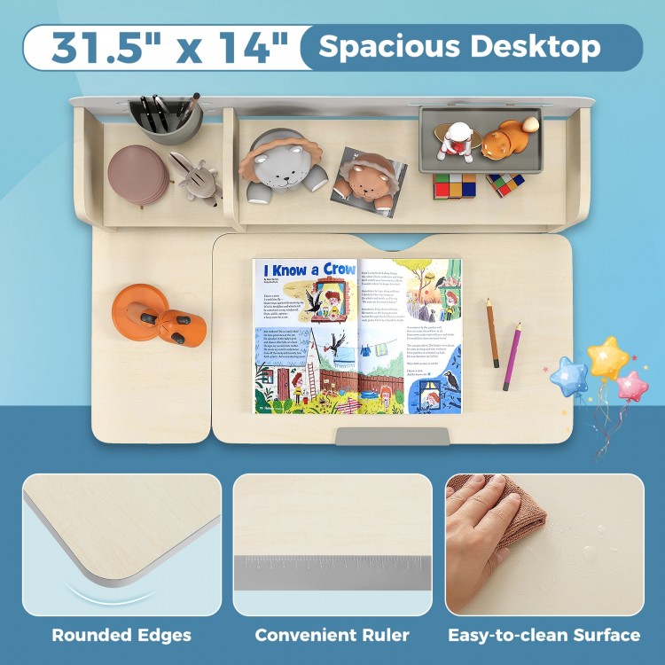 Height adjustable kids study desk with tilt desktop, gray finish, featuring a spacious 31.5" x 14" surface and pen.