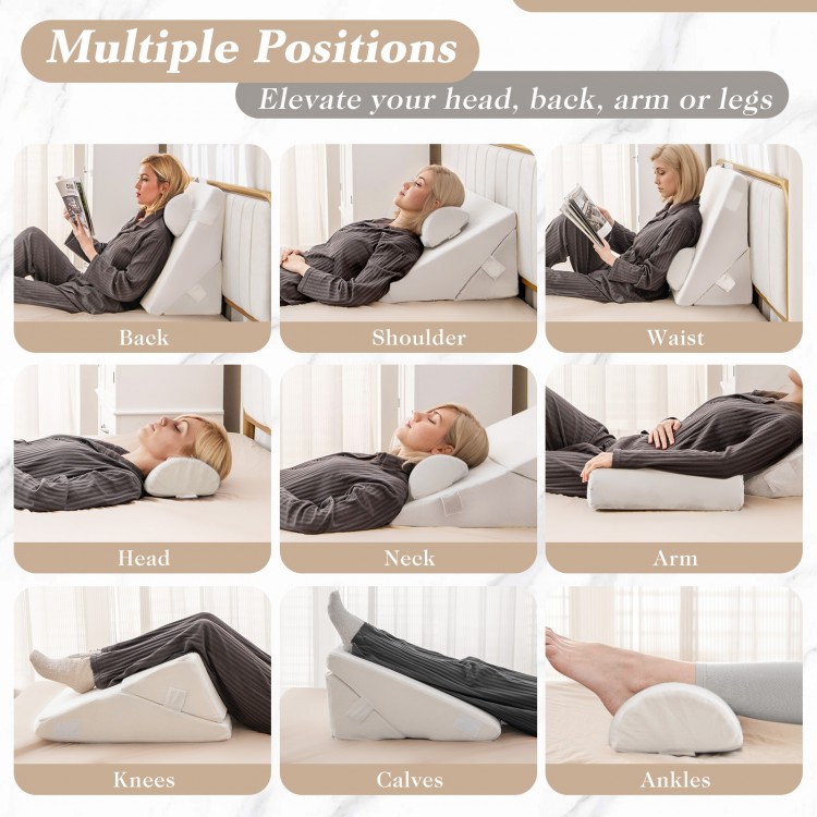 Adjustable 3-piece bed wedge pillow set in off-white, featuring air memory foam for neck, waist, and leg support.