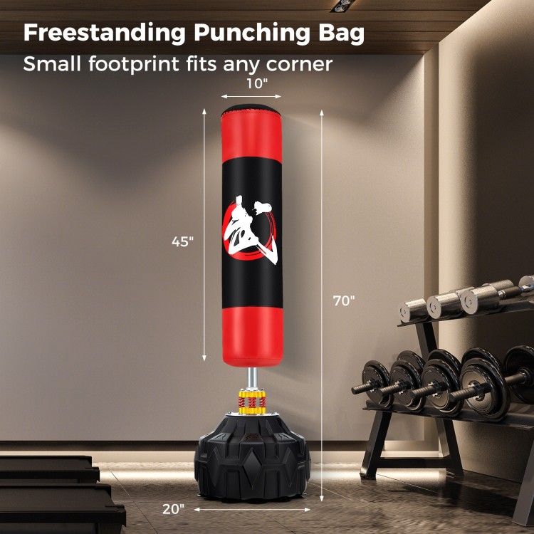 Freestanding punching bag with a 70-inch height, fillable base, and 12 suction cups for stable, quiet training.