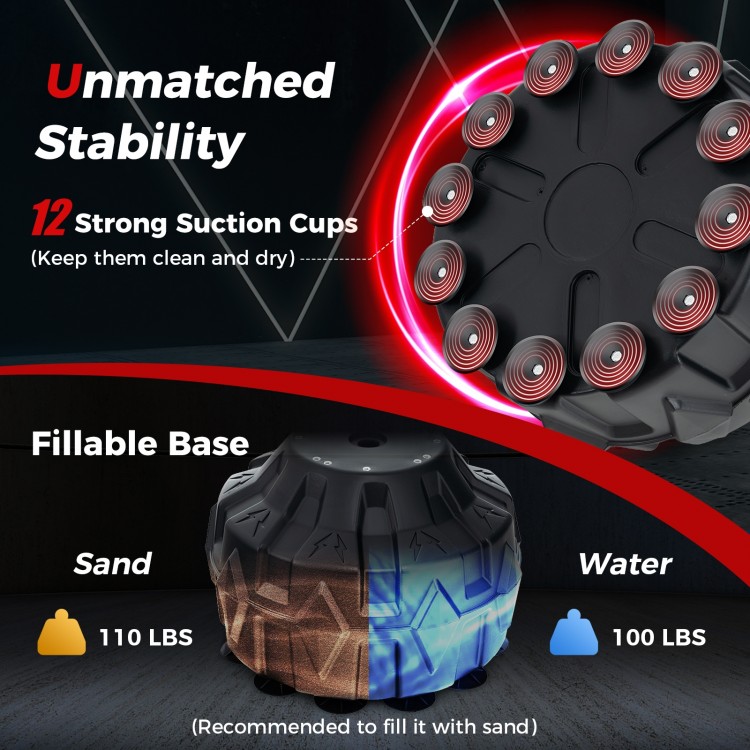 Freestanding punching bag base with 12 suction cups, fillable with sand or water for stability during workouts.
